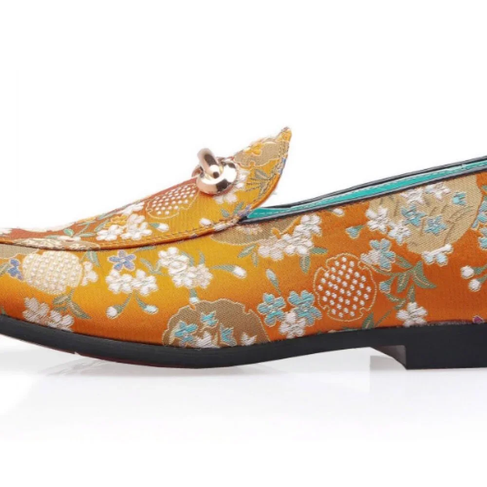 Santimon Men's US 12.5 Orange Floral Embroidery Loafers with Gold Buckle Stylish